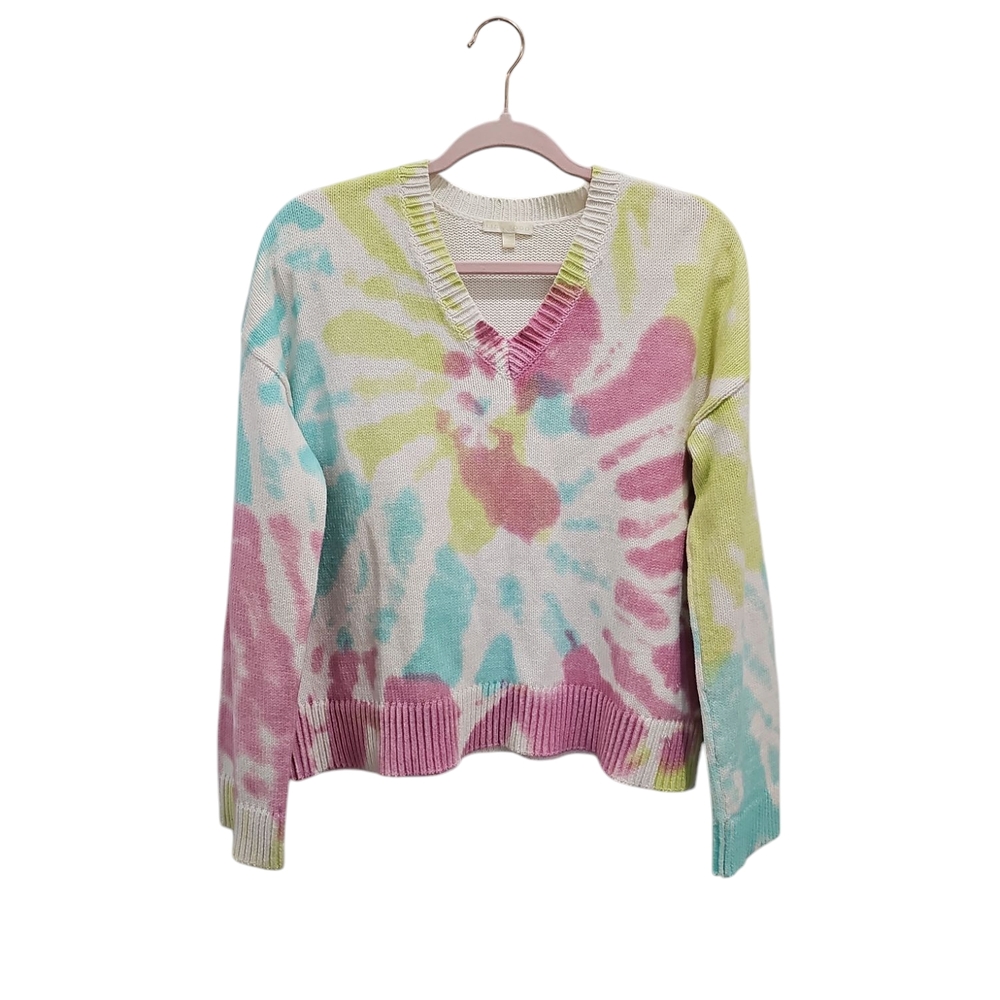 Lisa Todd Pastel Tie-Dye V-Neck Sweater — Pink, Blue, Yellow, Cream